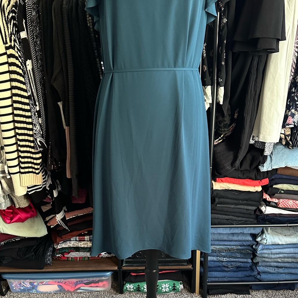 LOFT Blue Midi Dress with Ruffle Detail - Picture 4 of 12